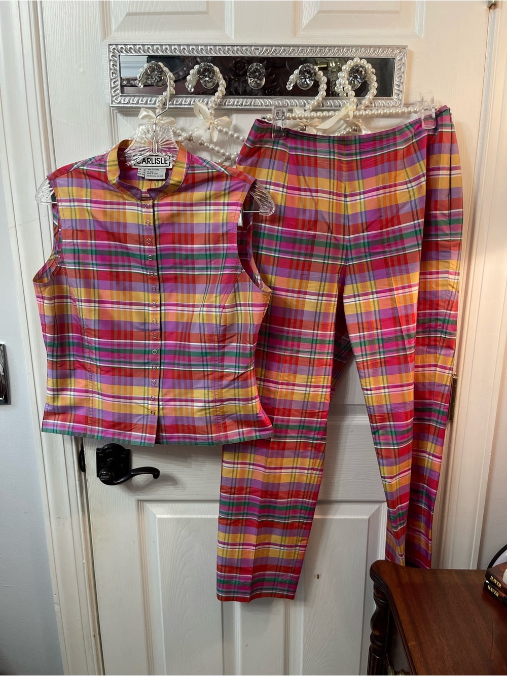 Vintage Carlisle Pink Yellow Plaid Sleeveless Top & Trousers Set 100% SILK